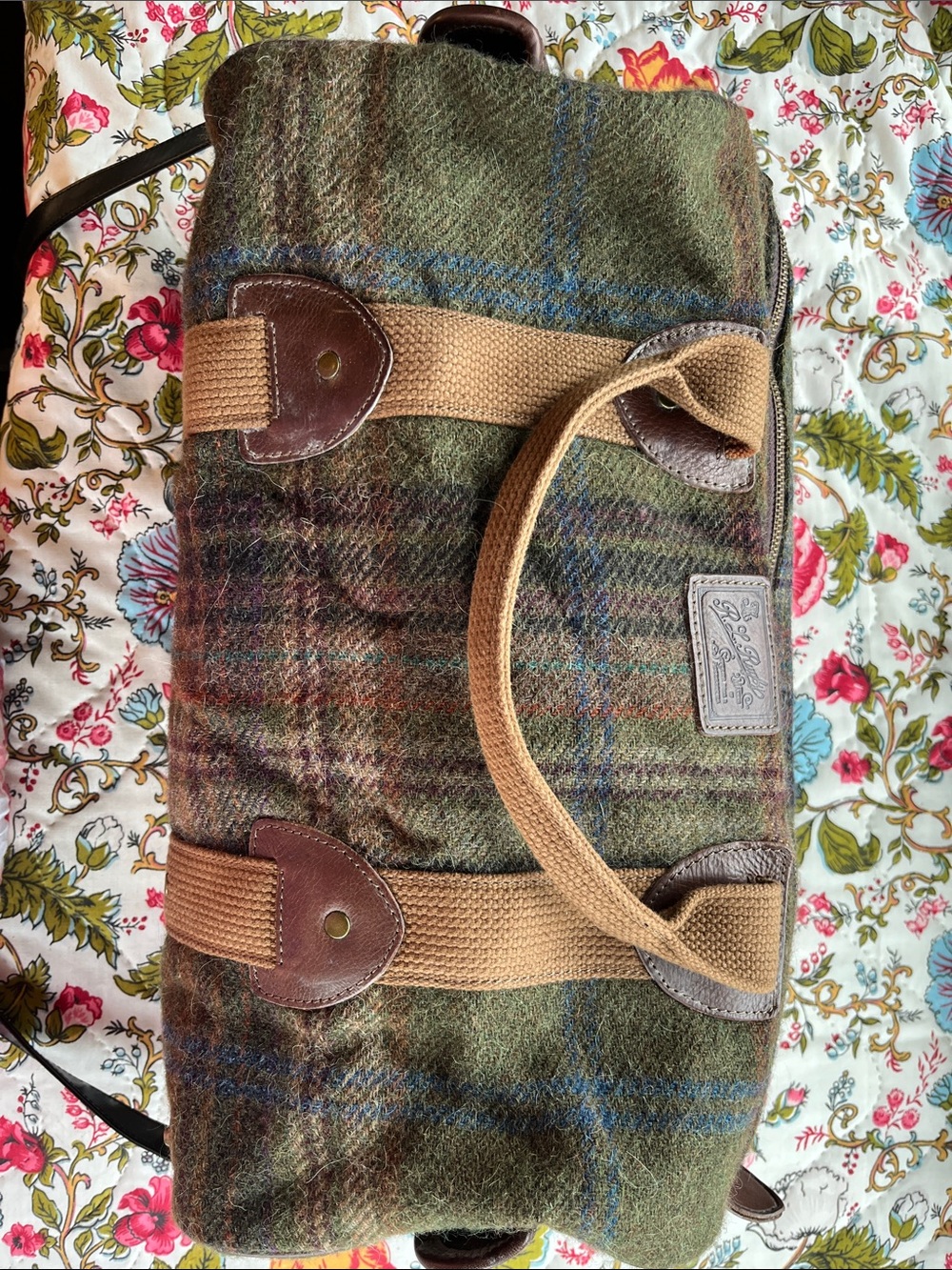 Ralph Loren Tweed Weekender Rugby Duffle Bag with Tan Straps.